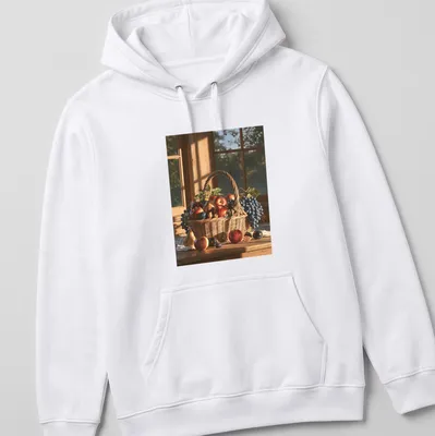 Realistic oil painting of a colorful fruit basket with the text Harvest Fruit Basket — printed on a unisex hoodie