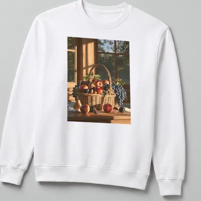 Realistic oil painting of a colorful fruit basket with the text Harvest Fruit Basket — printed on a unisex sweatshirt