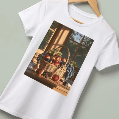 Realistic oil painting of a colorful fruit basket with the text Harvest Fruit Basket — printed on a women's shirt