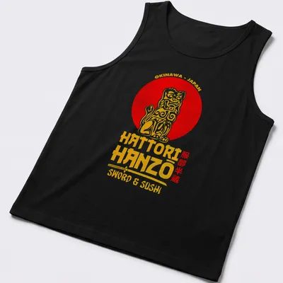 Vintage shirt with Okinawa, Japan, sword and sushi text above a lion dog illustration — printed on a tank top