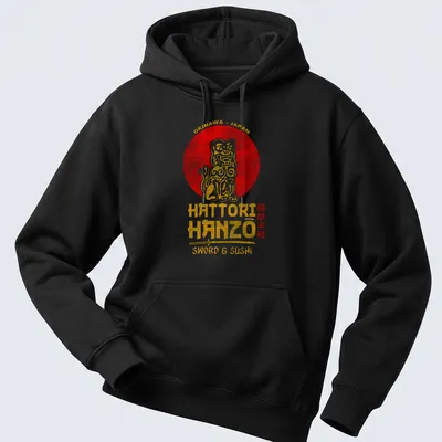 Vintage shirt with Okinawa, Japan, sword and sushi text above a lion dog illustration — printed on a unisex hoodie