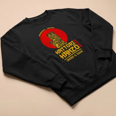Vintage shirt with Okinawa, Japan, sword and sushi text above a lion dog illustration — printed on a unisex sweatshirt