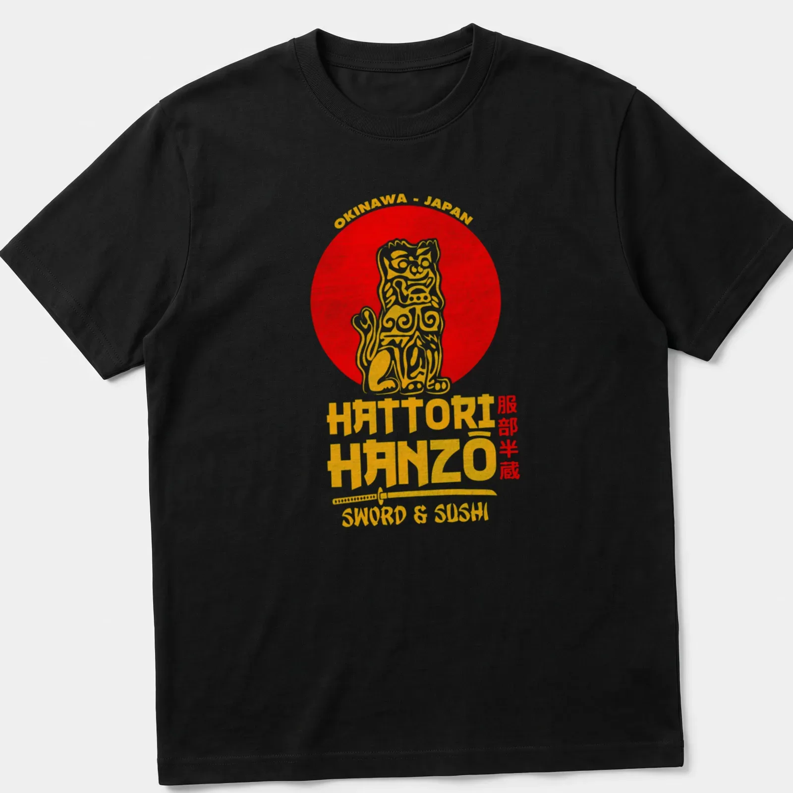 Vintage shirt with Okinawa, Japan, sword and sushi text above a lion dog illustration — printed on a unisex t-shirt
