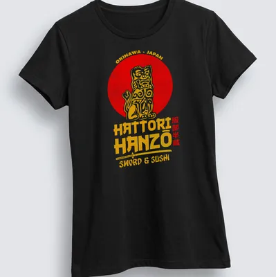 Vintage shirt with Okinawa, Japan, sword and sushi text above a lion dog illustration — printed on a women's shirt