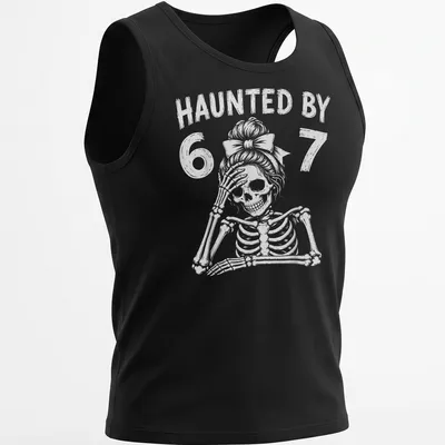 Cartoon skeleton teacher graphic with the text 'Haunted By 67' in black and white — printed on a tank top