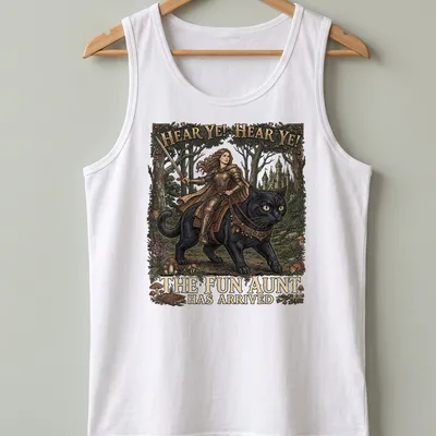 Knight cat illustration on a t-shirt with playful details and colorful accents — printed on a tank top