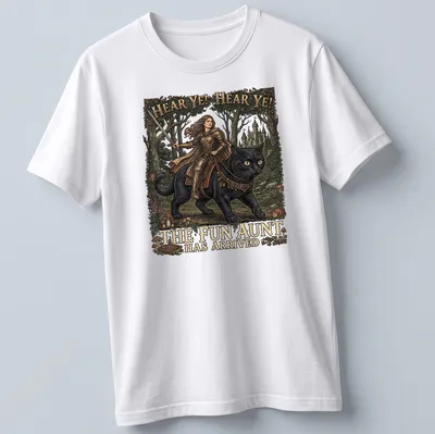 Knight cat illustration on a t-shirt with playful details and colorful accents