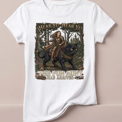 Knight cat illustration on a t-shirt with playful details and colorful accents — printed on a women's shirt