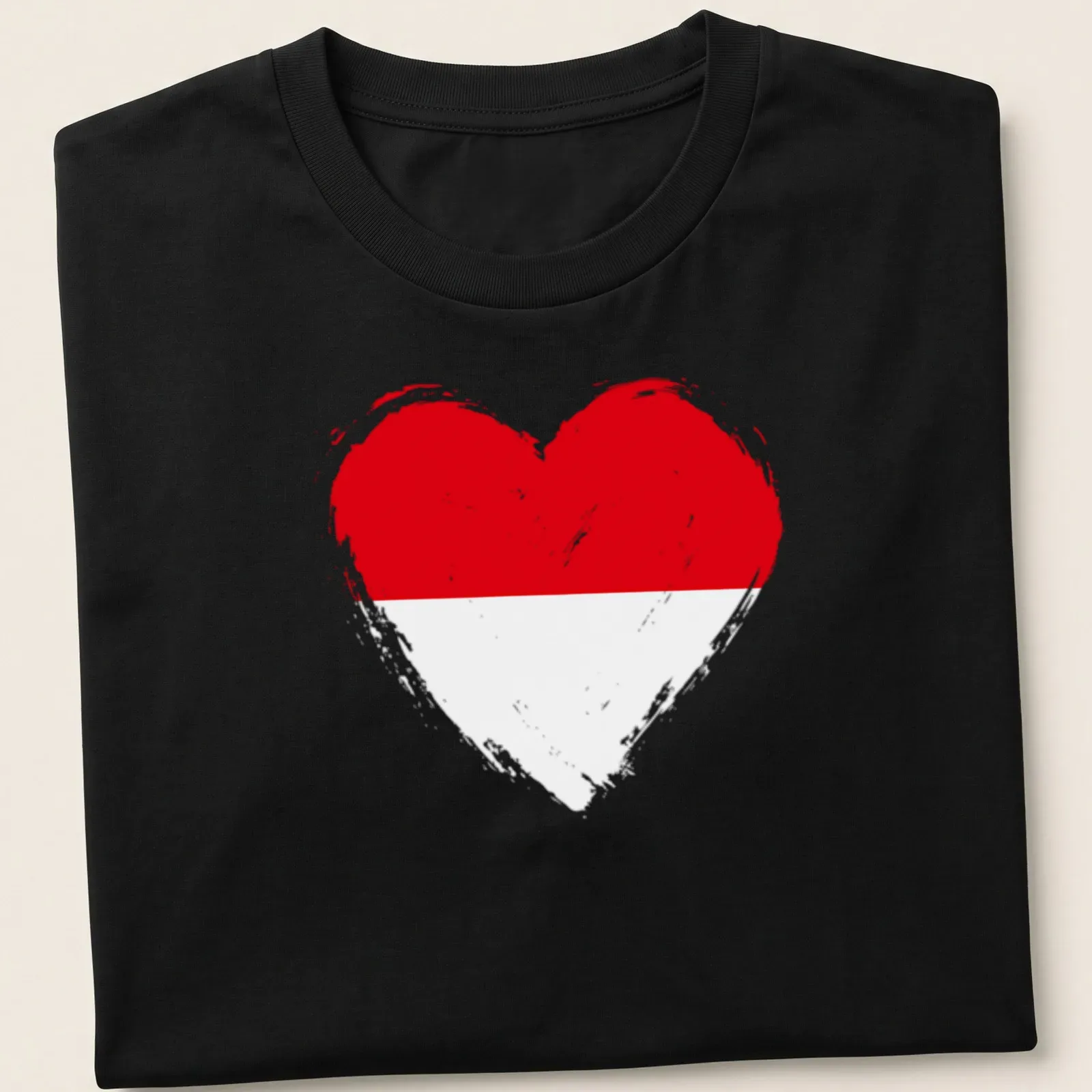 Distressed heart design featuring the Indonesian flag colors of red and white — printed on a unisex t-shirt