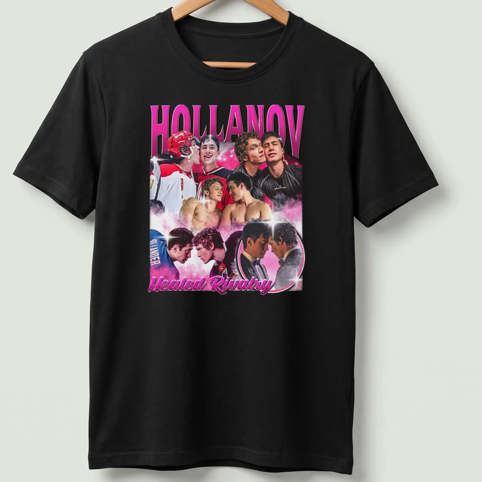 Vintage hockey t-shirt with players in action and bold text. — printed on a unisex t-shirt