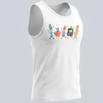 Kawaii illustration of school supplies with cute characters and colorful text — printed on a tank top