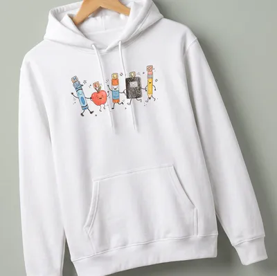 Kawaii illustration of school supplies with cute characters and colorful text — printed on a unisex hoodie