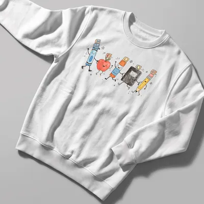 Kawaii illustration of school supplies with cute characters and colorful text — printed on a unisex sweatshirt