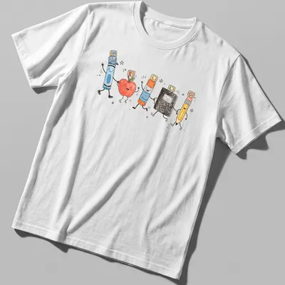 Kawaii illustration of school supplies with cute characters and colorful text — printed on a unisex t-shirt