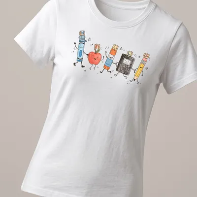 Kawaii illustration of school supplies with cute characters and colorful text — printed on a women's shirt