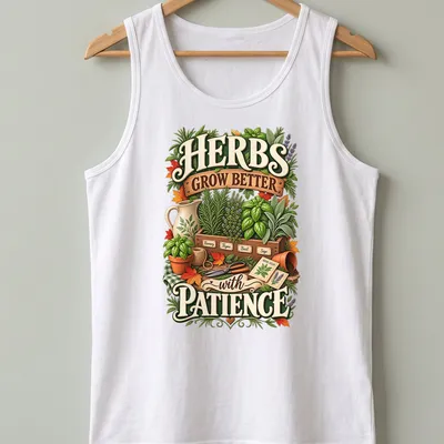 Vintage botanical design featuring herbs with text about patience. — printed on a tank top