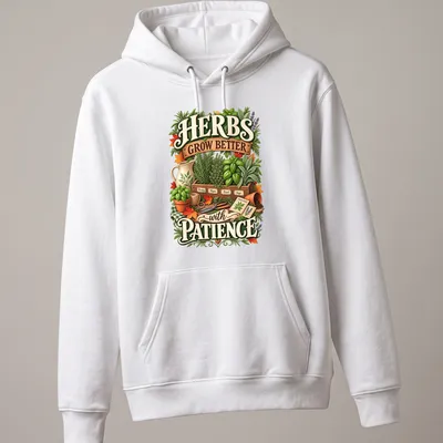 Vintage botanical design featuring herbs with text about patience. — printed on a unisex hoodie