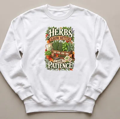 Vintage botanical design featuring herbs with text about patience. — printed on a unisex sweatshirt