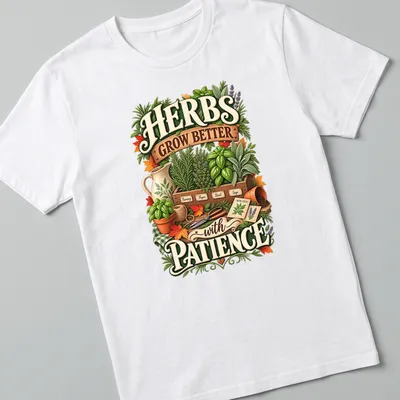 Vintage botanical design featuring herbs with text about patience.