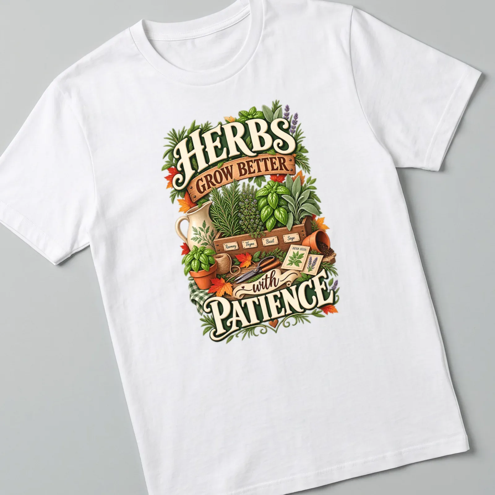 Vintage botanical design featuring herbs with text about patience. — printed on a unisex t-shirt