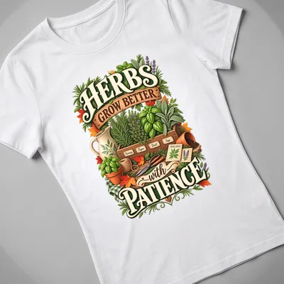 Vintage botanical design featuring herbs with text about patience. — printed on a women's shirt