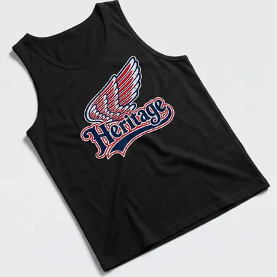 Vintage distressed t-shirt featuring the word Heritage and a wing graphic — printed on a tank top
