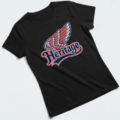Vintage distressed t-shirt featuring the word Heritage and a wing graphic — printed on a women's shirt