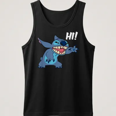 Cartoon tropical alien character with greeting text in blue and light blue — printed on a tank top