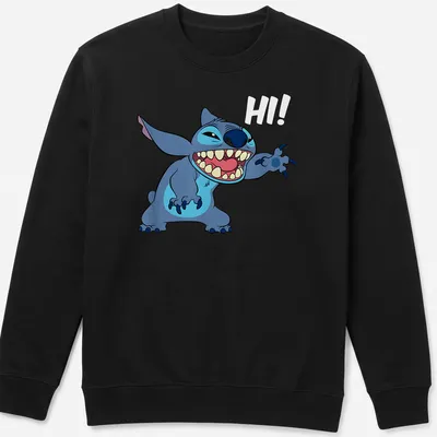 Cartoon tropical alien character with greeting text in blue and light blue — printed on a unisex sweatshirt