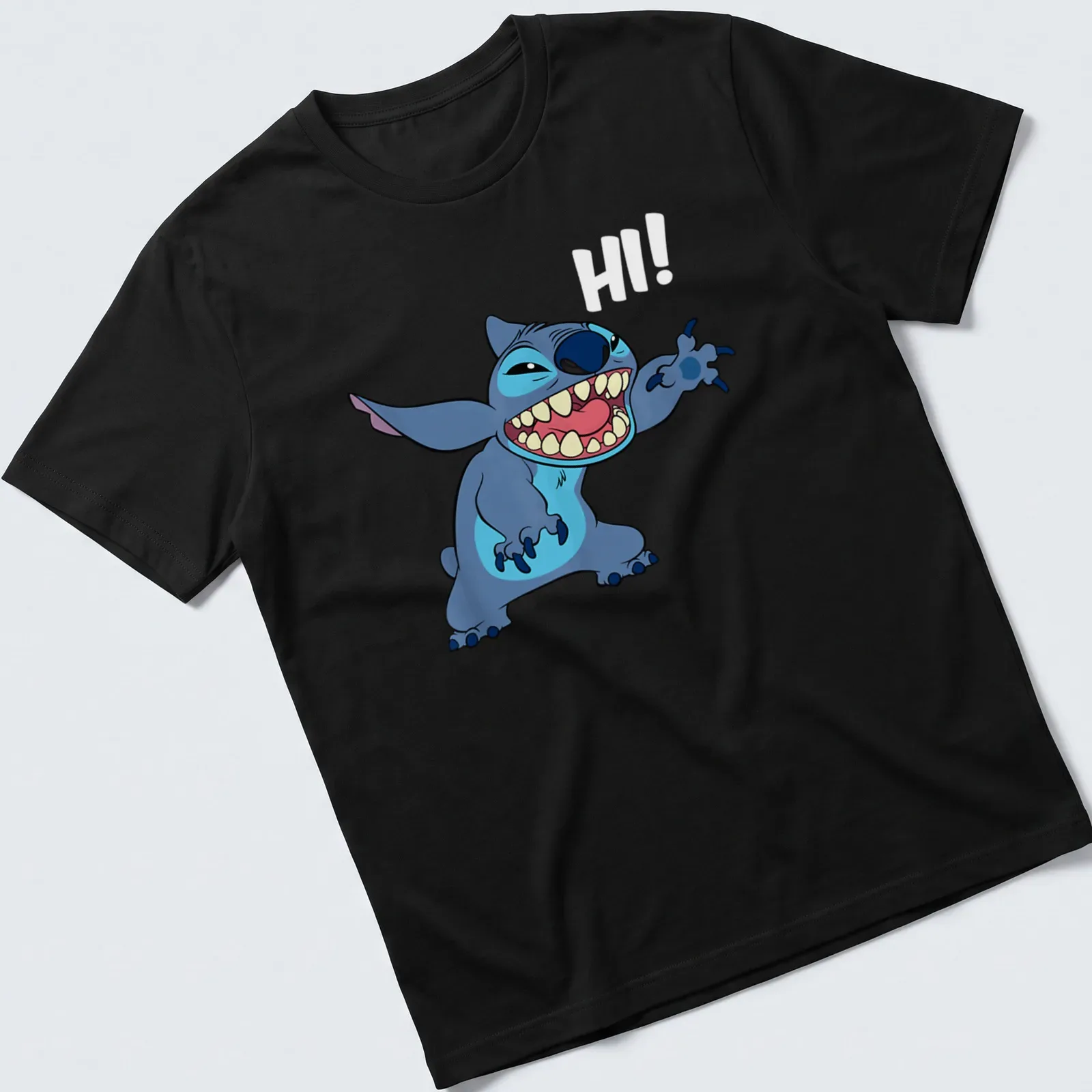 Cartoon tropical alien character with greeting text in blue and light blue — printed on a unisex t-shirt