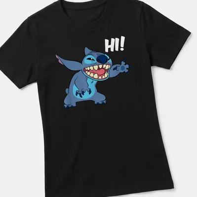 Cartoon tropical alien character with greeting text in blue and light blue — printed on a women's shirt