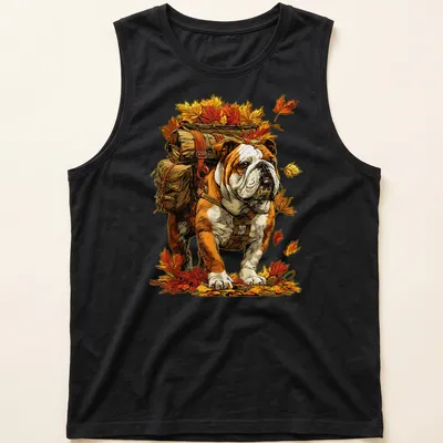 Illustration of a British Bulldog hiking among autumn leaves with the text Hiking With Fall Leaves — printed on a tank top