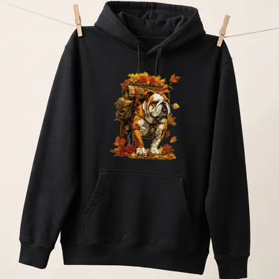 Illustration of a British Bulldog hiking among autumn leaves with the text Hiking With Fall Leaves — printed on a unisex hoodie