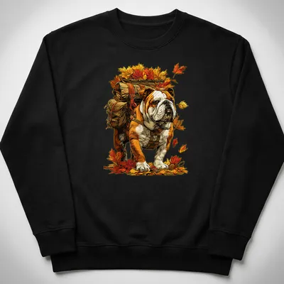 Illustration of a British Bulldog hiking among autumn leaves with the text Hiking With Fall Leaves — printed on a unisex sweatshirt