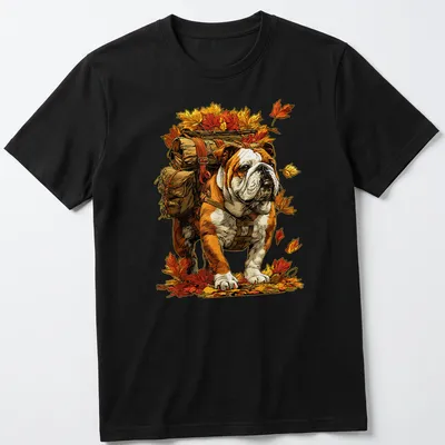 Illustration of a British Bulldog hiking among autumn leaves with the text Hiking With Fall Leaves