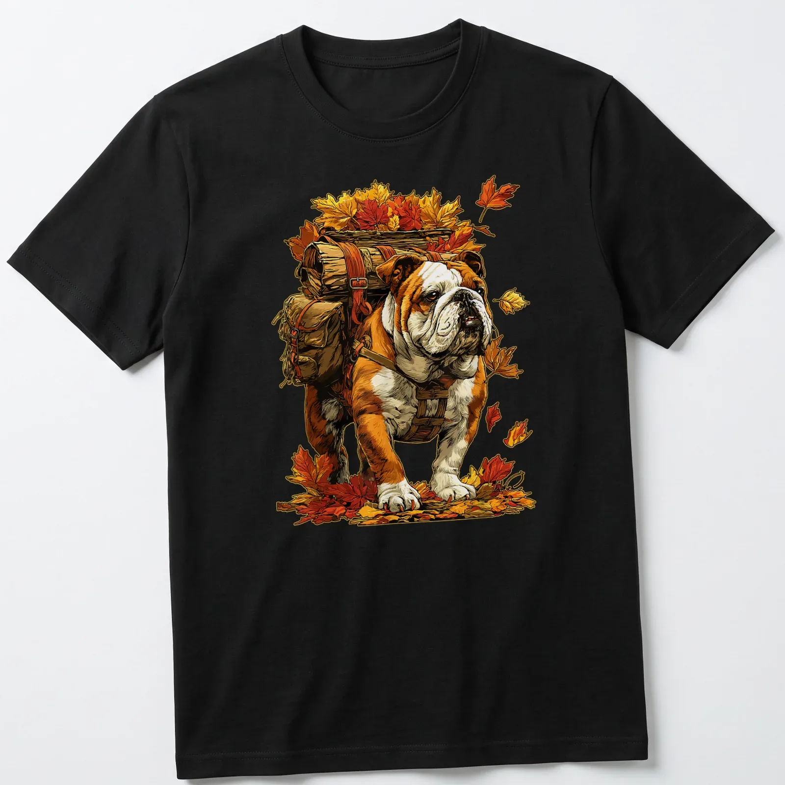 Illustration of a British Bulldog hiking among autumn leaves with the text Hiking With Fall Leaves — printed on a unisex t-shirt