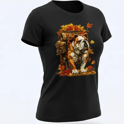 Illustration of a British Bulldog hiking among autumn leaves with the text Hiking With Fall Leaves — printed on a women's shirt