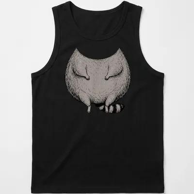 Cartoon illustration of a fat raccoon in a costume in gray, black, and white — printed on a tank top