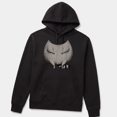 Cartoon illustration of a fat raccoon in a costume in gray, black, and white — printed on a unisex hoodie