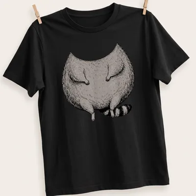 Cartoon illustration of a fat raccoon in a costume in gray, black, and white — printed on a unisex t-shirt