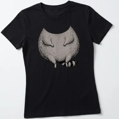 Cartoon illustration of a fat raccoon in a costume in gray, black, and white — printed on a women's shirt