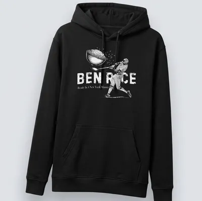 Baseball player sketch with the phrase 'Hit It Out Of The Park' in black and white — printed on a unisex hoodie