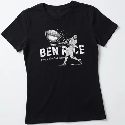 Baseball player sketch with the phrase 'Hit It Out Of The Park' in black and white — printed on a women's shirt