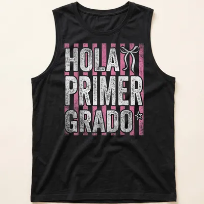 Bold text shirt for first grade teachers with pink stripes and white background — printed on a tank top