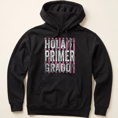 Bold text shirt for first grade teachers with pink stripes and white background — printed on a unisex hoodie