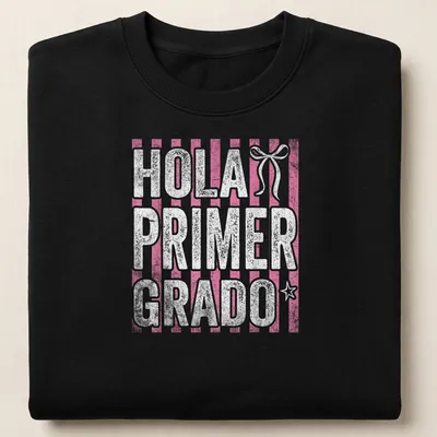 Bold text shirt for first grade teachers with pink stripes and white background — printed on a unisex sweatshirt