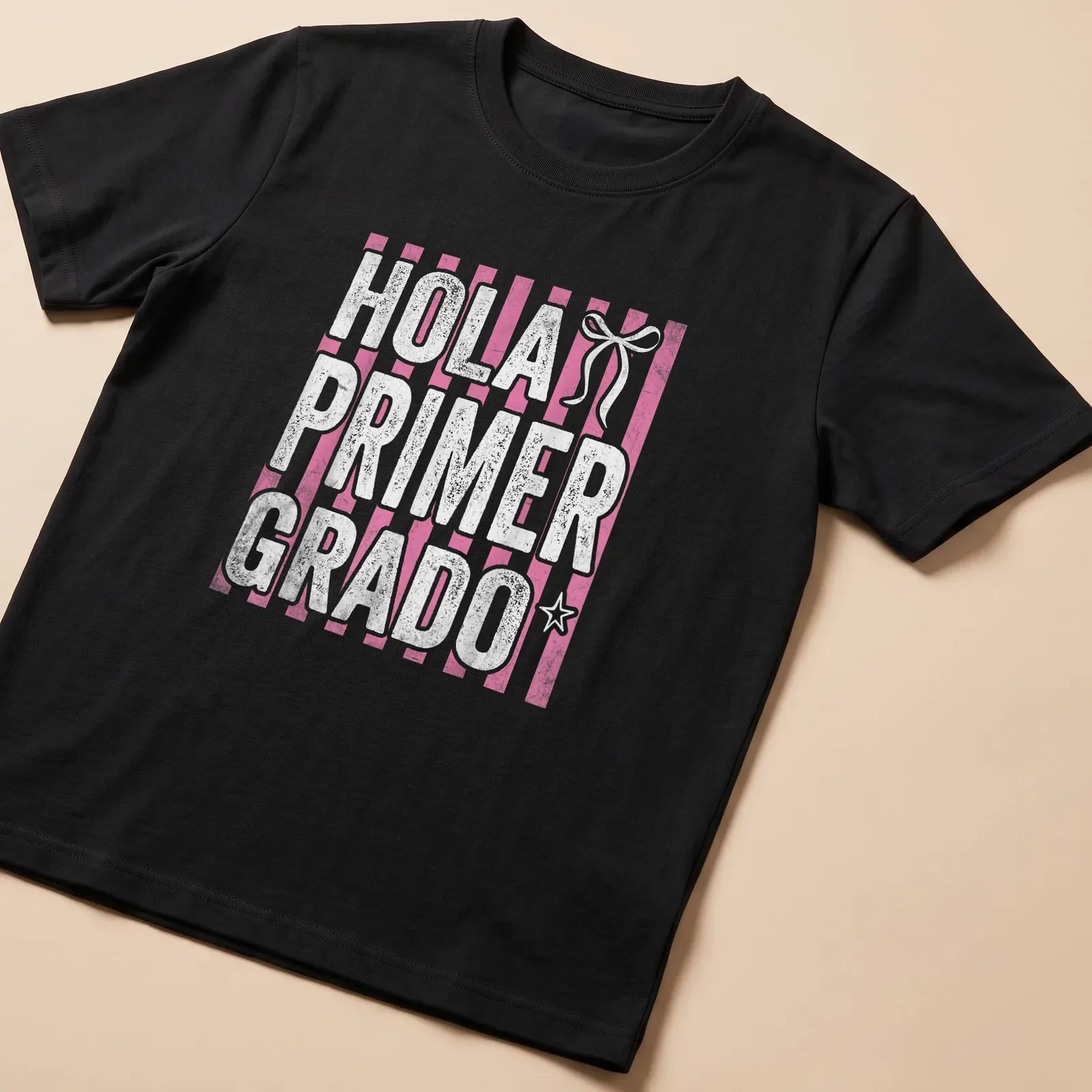 Bold text shirt for first grade teachers with pink stripes and white background — printed on a unisex t-shirt