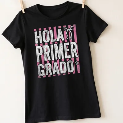 Bold text shirt for first grade teachers with pink stripes and white background — printed on a women's shirt