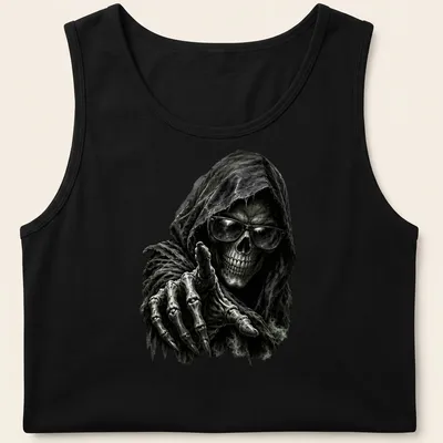 Detailed illustration of a grim reaper skull wearing sunglasses in black, gray, and white. — printed on a tank top