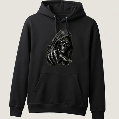 Detailed illustration of a grim reaper skull wearing sunglasses in black, gray, and white. — printed on a unisex hoodie